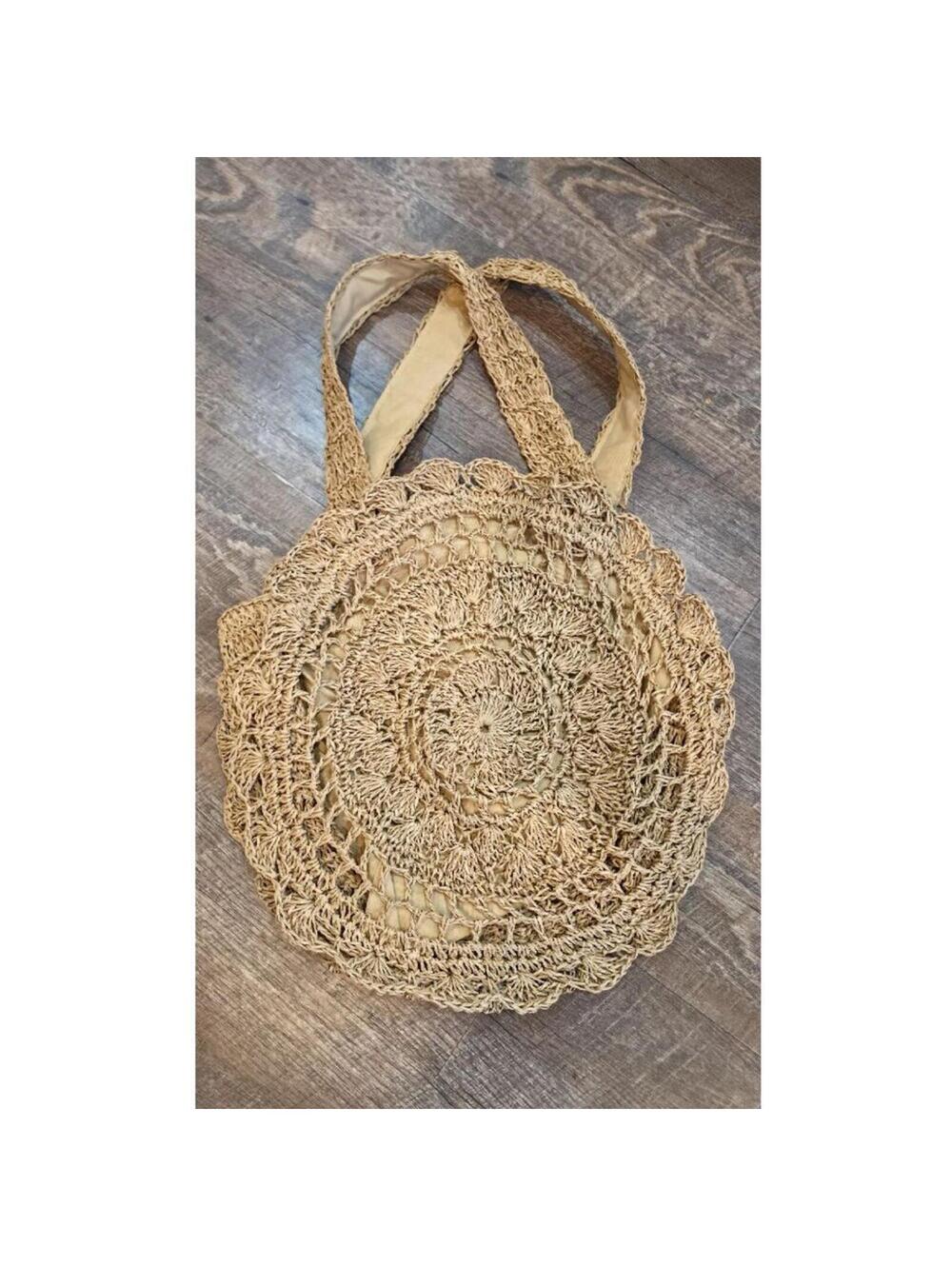 Beige Round Crochet Straw Tote Bag Double Handles Women